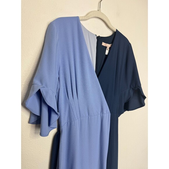 Hutch Small Colorblock Crepe Faux Wrap Midi Dress Blue Purple Flutter Sleeve - Picture 6 of 13